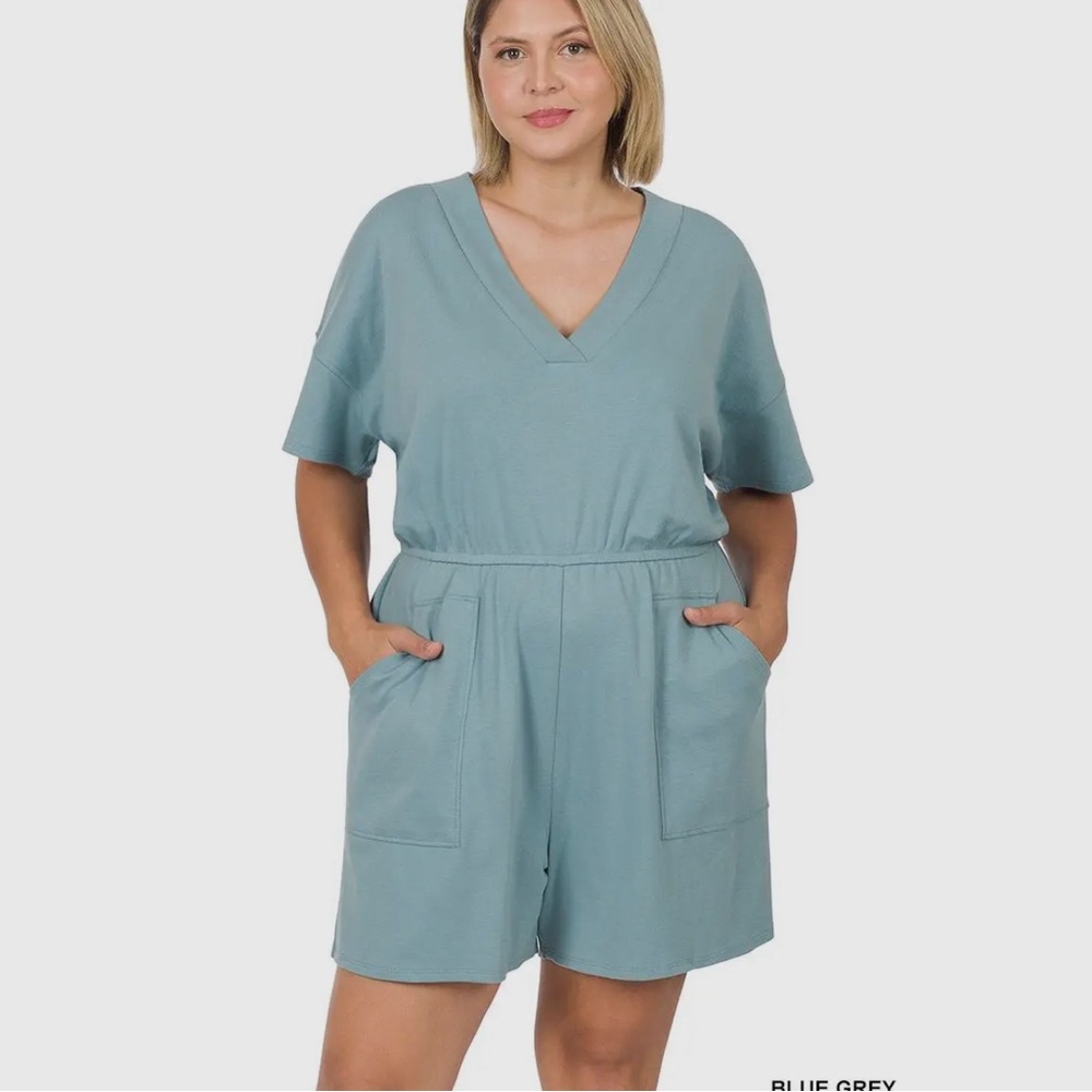 Blue Grey Plus Size Drop Shoulder V-Neck Romper with Pockets